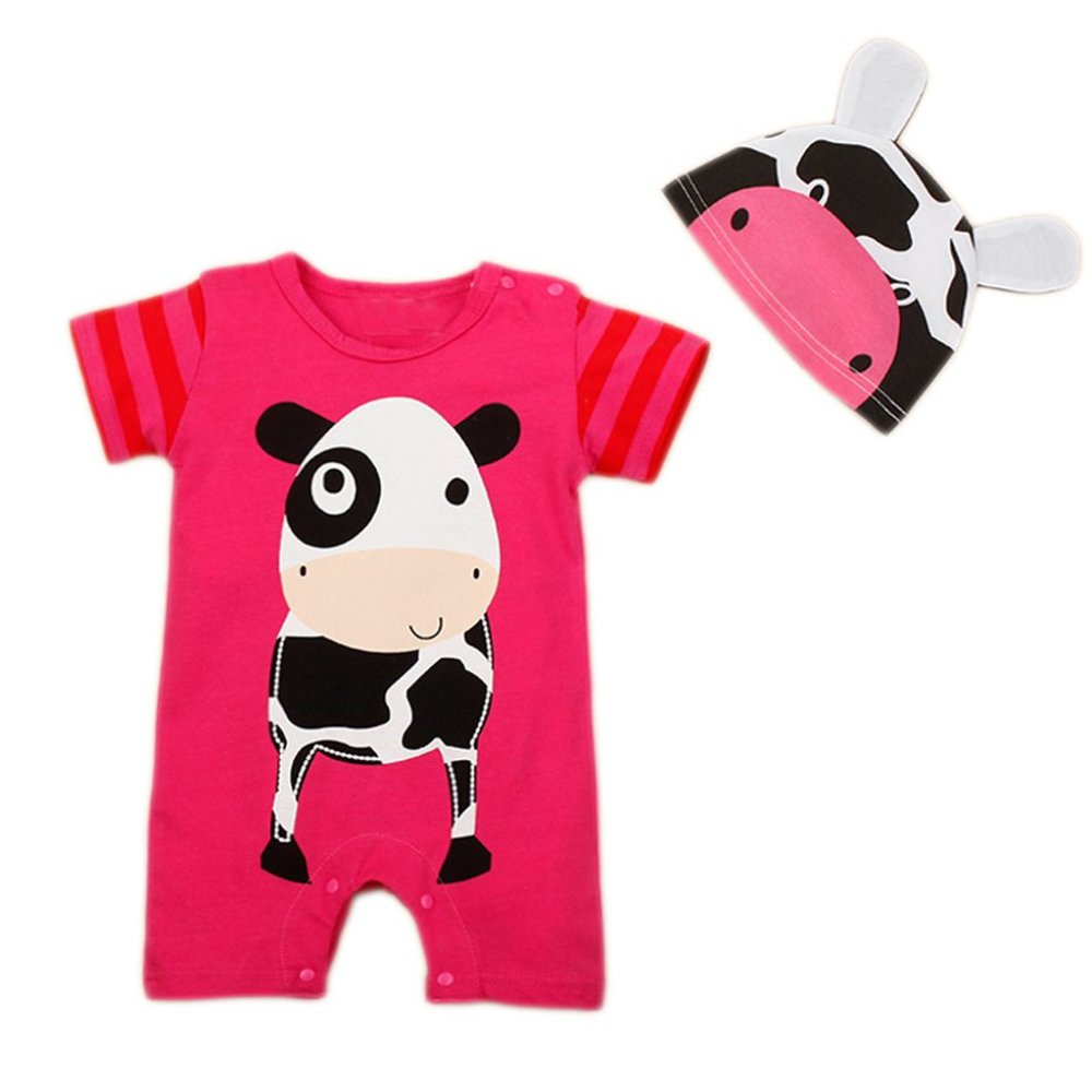 Hot Pink Cow Cotton Baby Romper & Hat 2pcs Outfit
